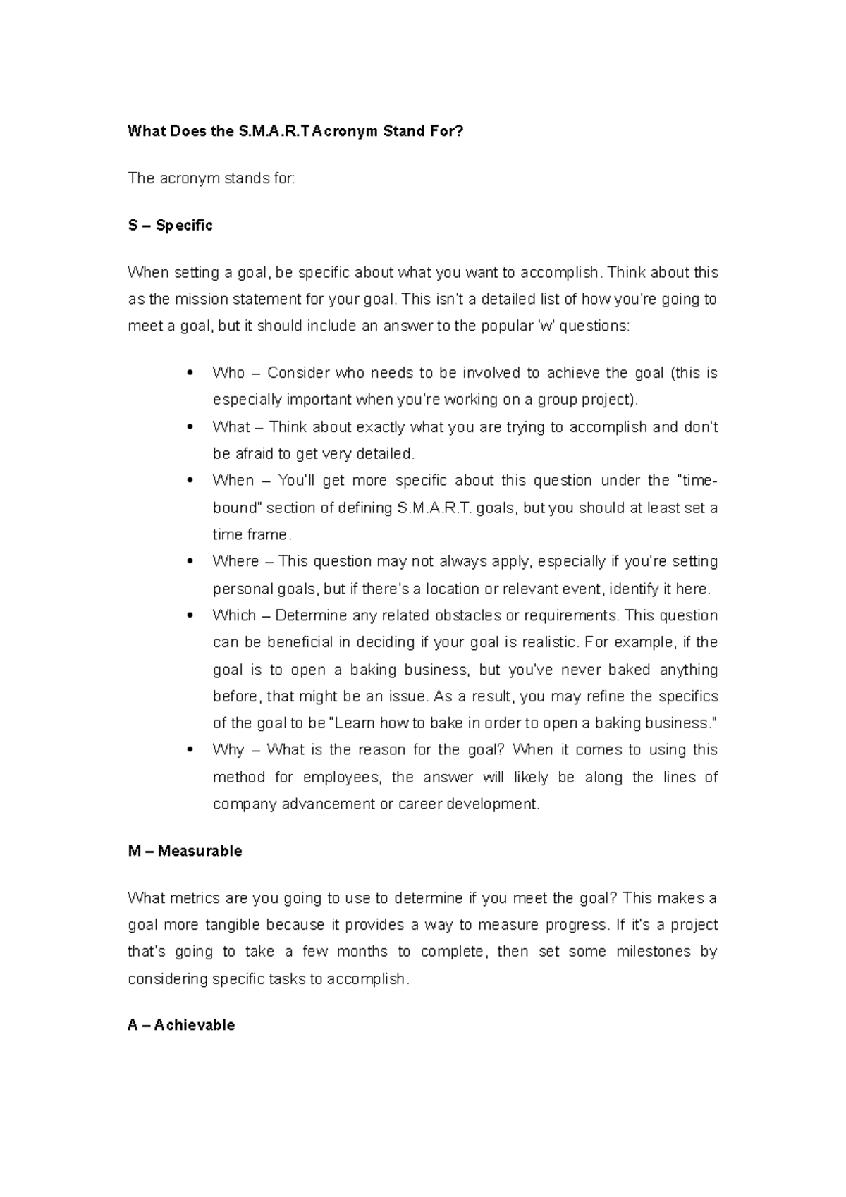 Smart Goals Worksheet TP221 What Does the S.M.A.R Acronym Stand For? The acronym stands for S