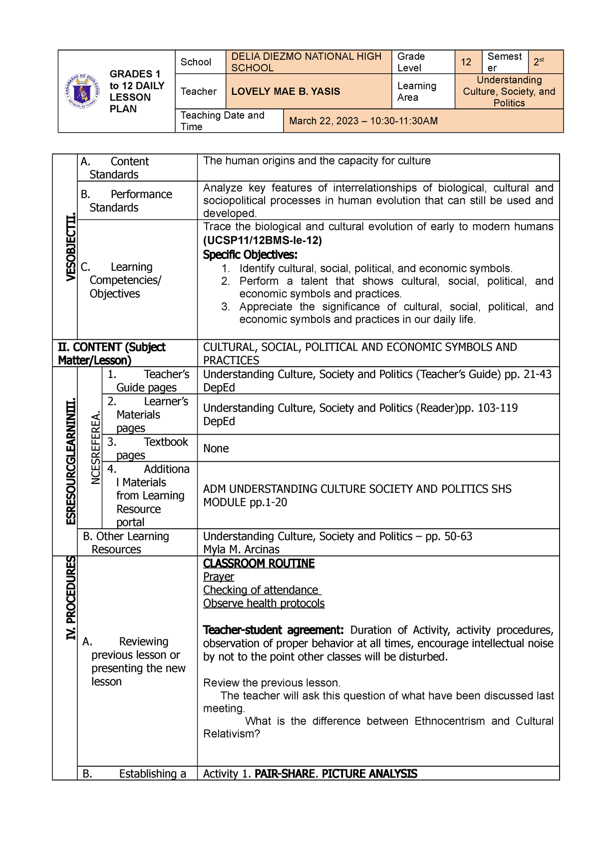 COT - Cot - GRADES 1 To 12 DAILY LESSON PLAN School DELIA DIEZMO ...