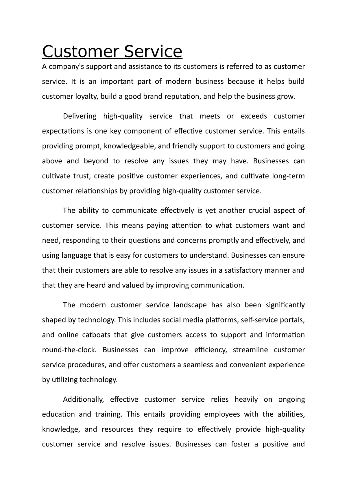 essay introduction about customer service