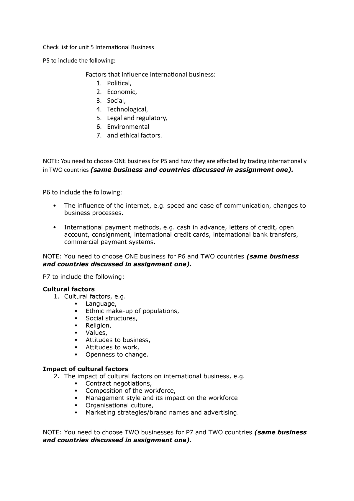 unit 5 international business assignment 2 checklist