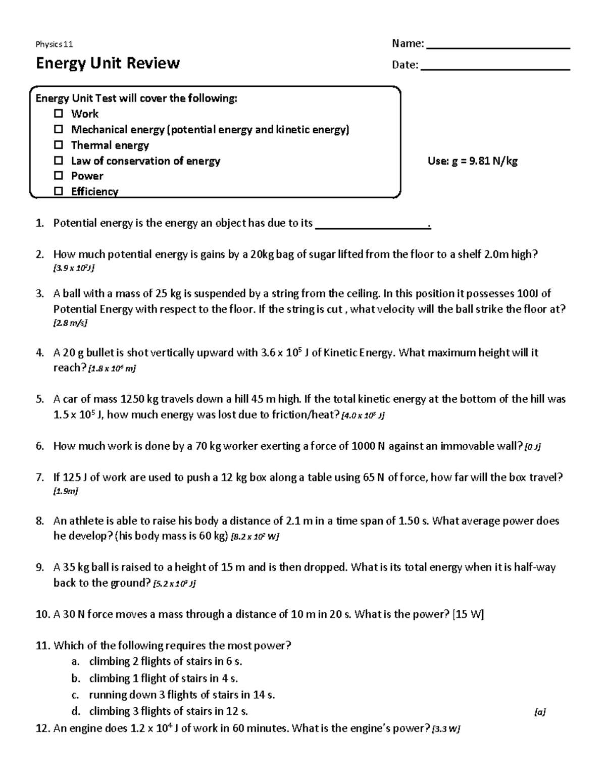 Energy Unit Review 10yfkfb PHYS 100 SFU Studocu