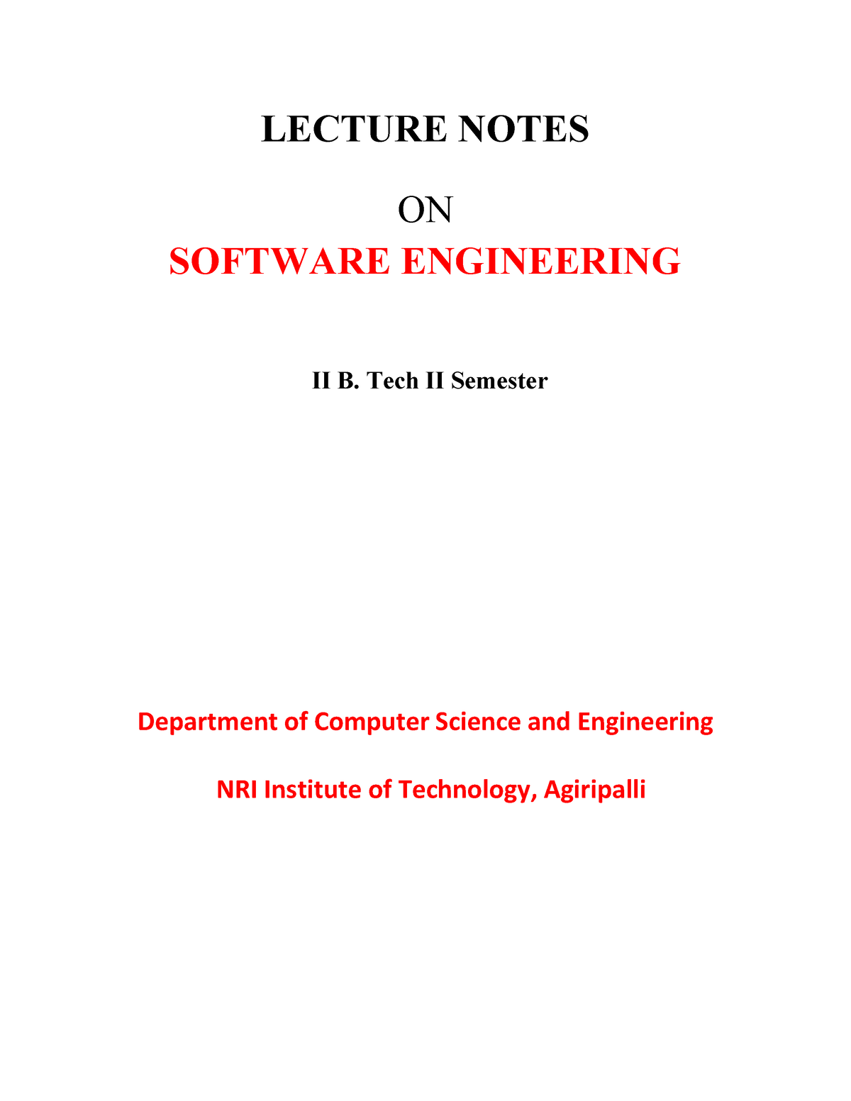 SE Unit-1 Notes - LECTURE NOTES ON SOFTWARE ENGINEERING II B. Tech II ...