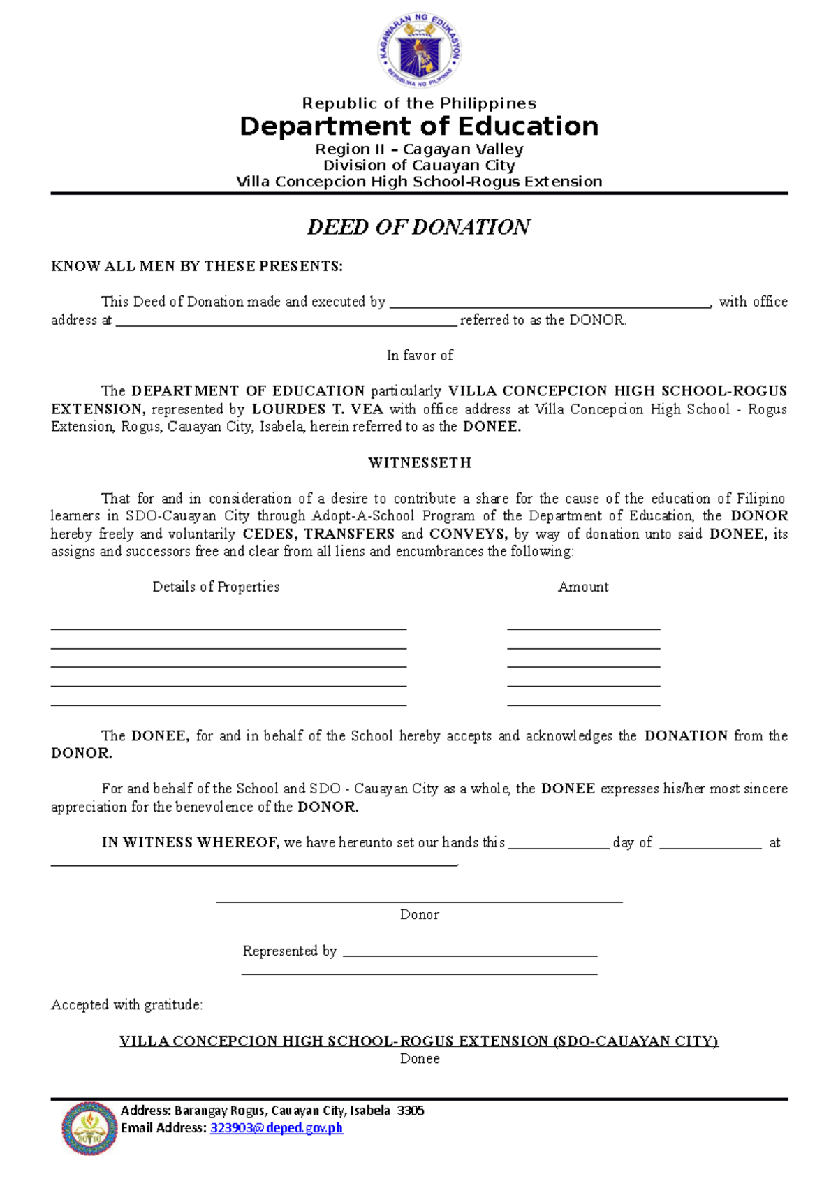 Deed of Donatio - In favor of The DEPARTMENT OF EDUCATION particularly ...