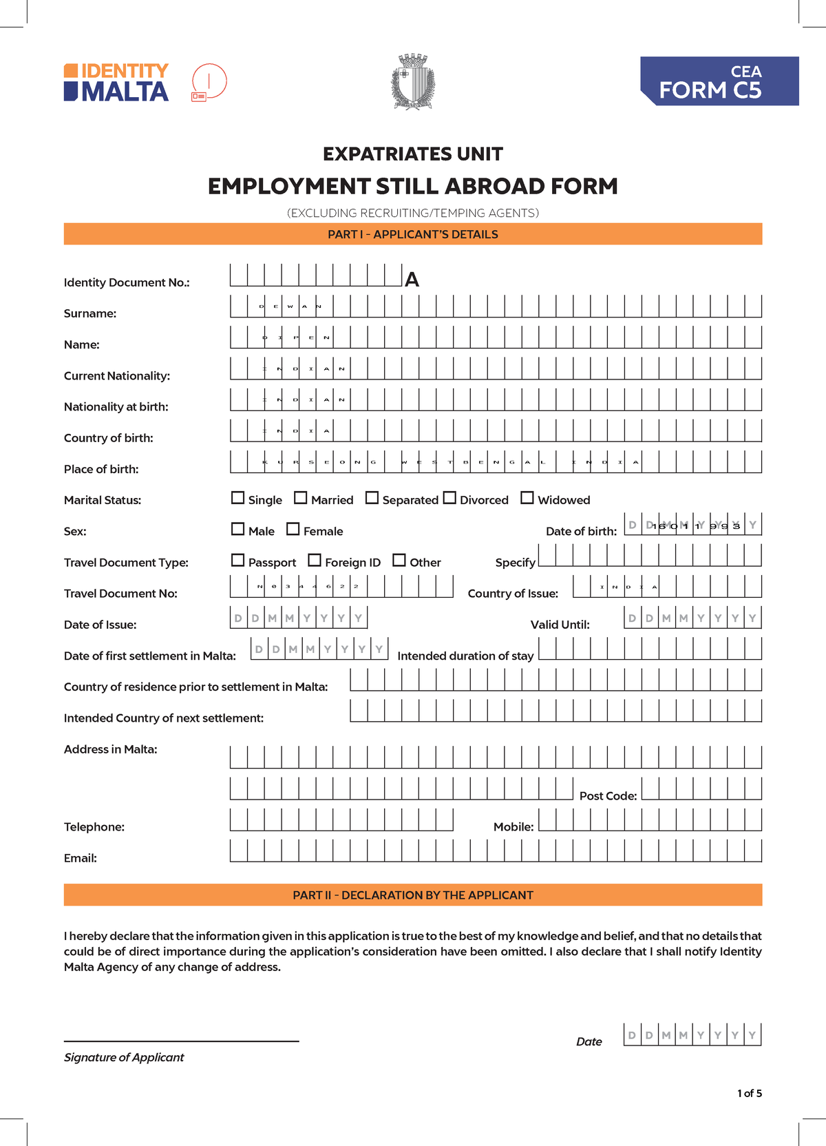 Form C5 Single Work Permit Still Abroad Application - EXPATRIATES UNIT ...