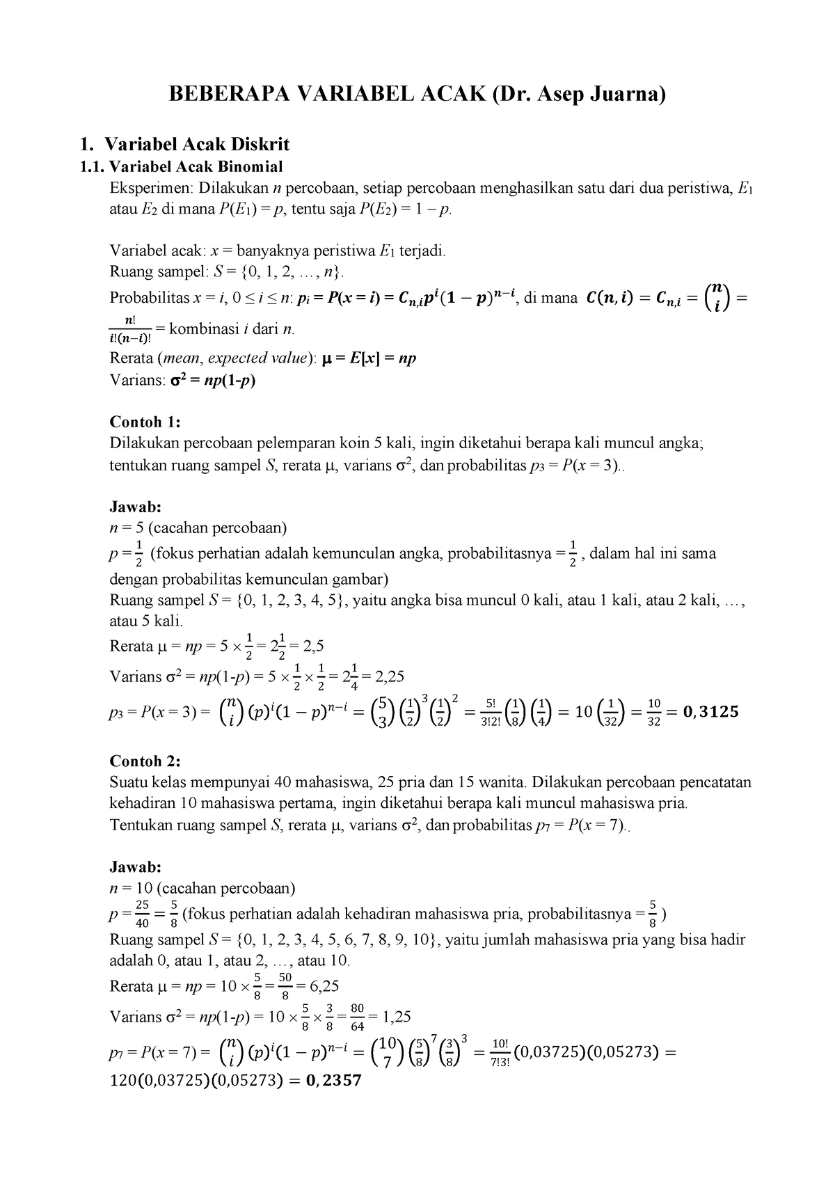 Variabel Acak Binomial Dan Poisson - BEBERAPA VARIABEL ACAK (Dr. Asep ...