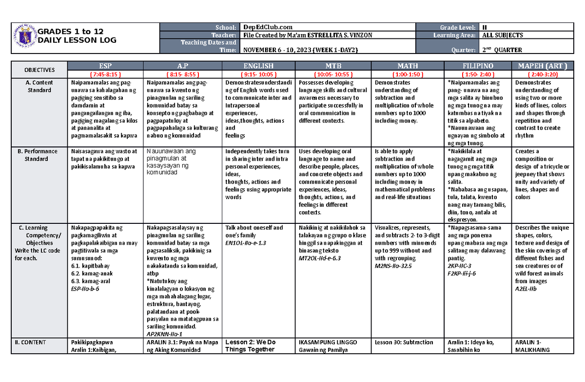 DLL ALL Subjects 2 Q2 W1 D2 - GRADES 1 to 12 DAILY LESSON LOG School ...