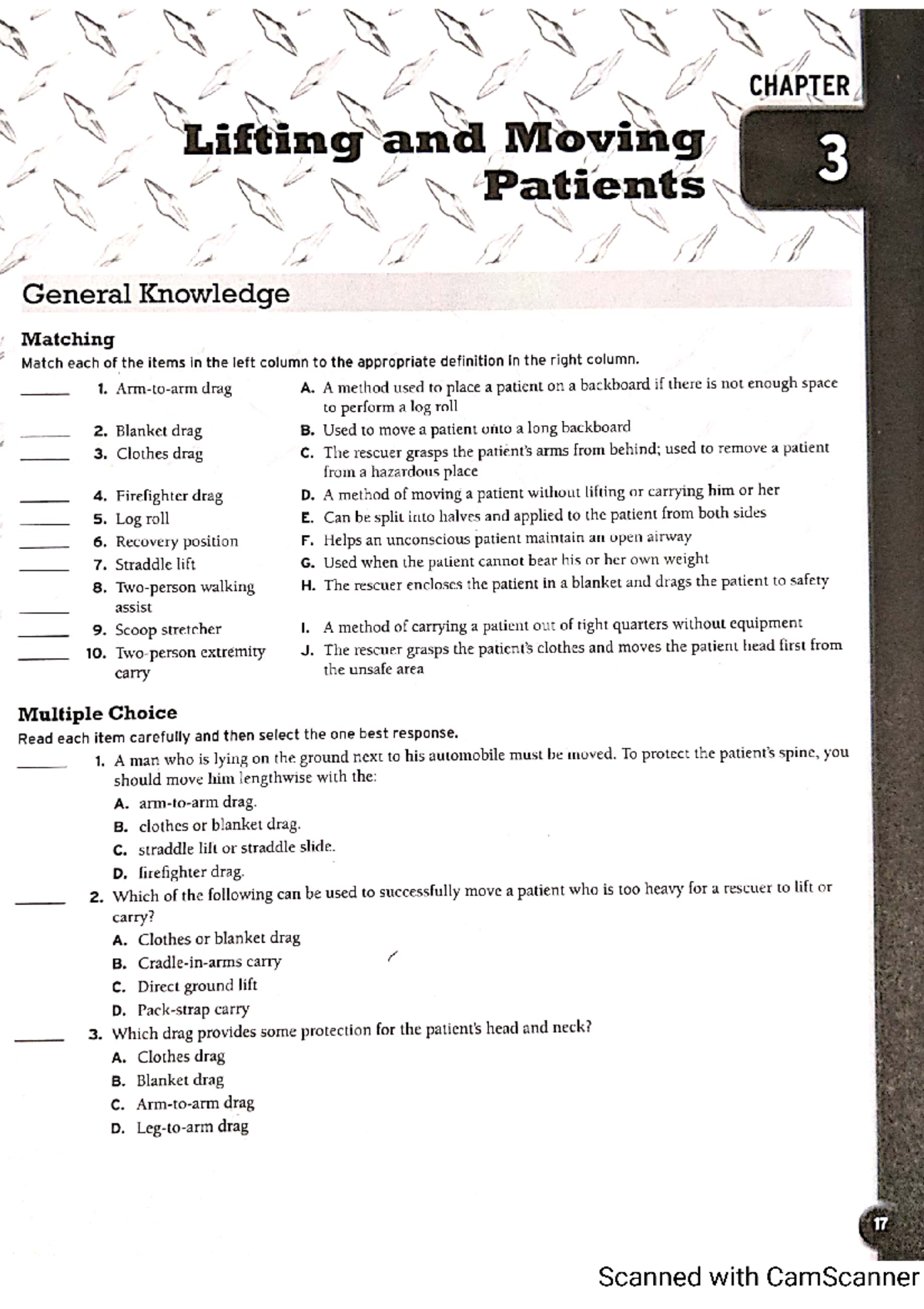 EMR Ch3 Worksheet - CHAPTER Lifting and Moving 3 Patients General ...