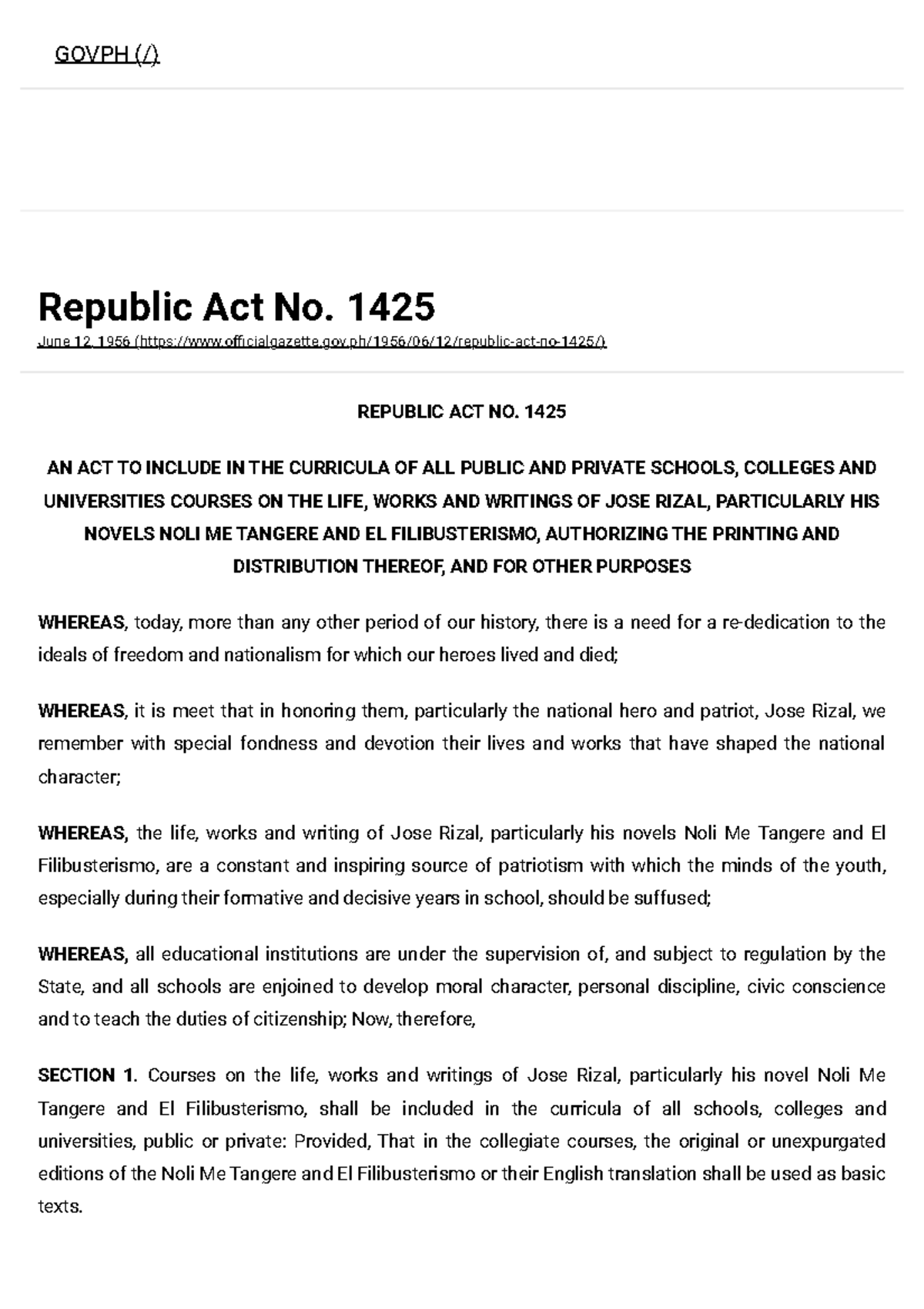 Act 1425 - Sksksk - Republic Act No. 1425 June 12, 1956 - Studocu