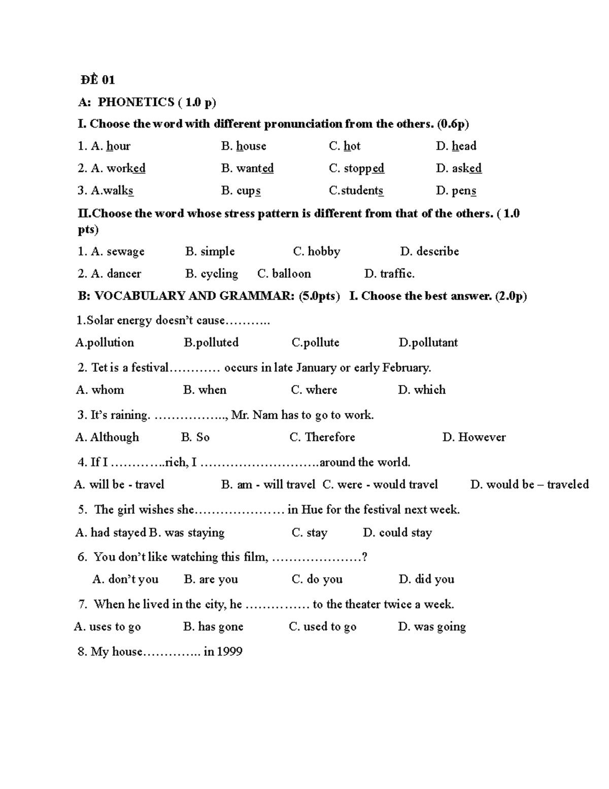 ĐỀ TIẾNG ANH THI 10 - ĐỀ 01 A: PHONETICS ( 1 P) I. Choose The Word With ...