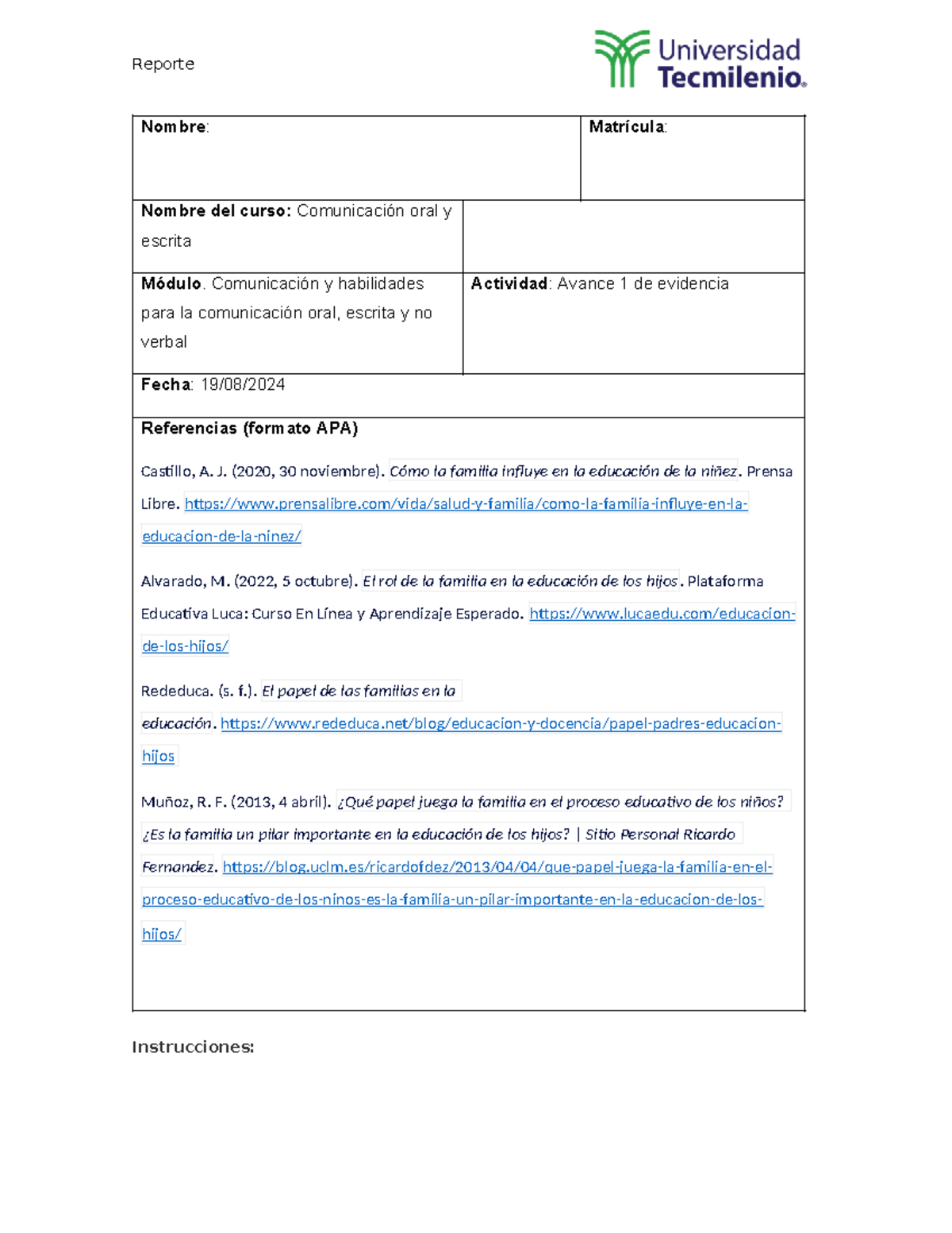 Act 1. Avance 1 - Reporte Nombre: Matrícula: Nombre del curso ...