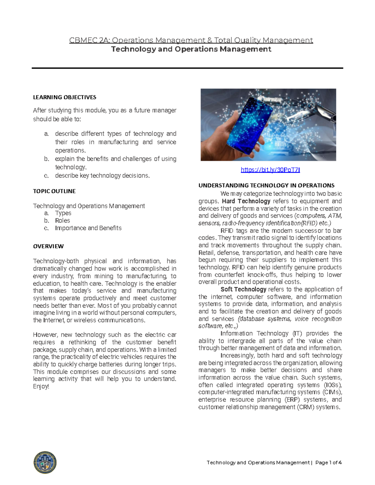Topic 2 Technology AND Operations Management - LEARNING OBJECTIVES ...