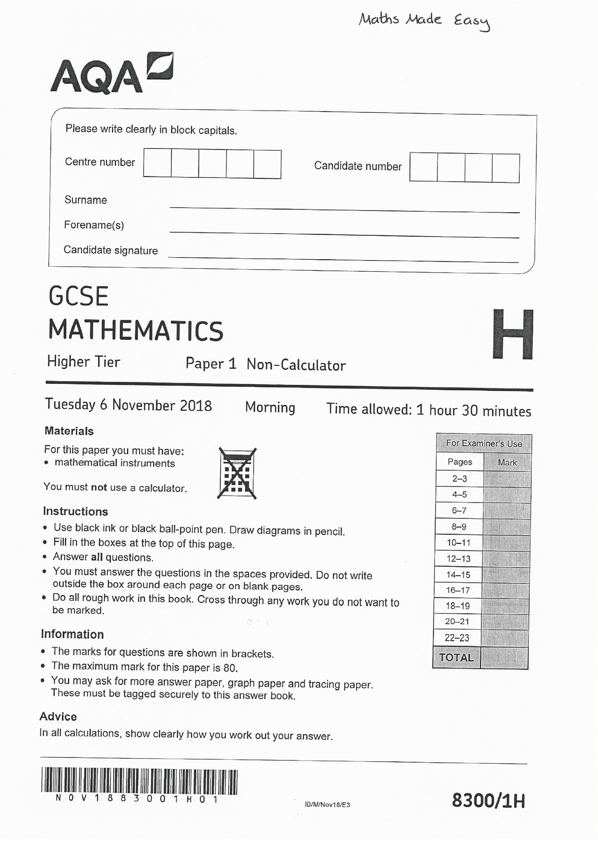 AQA Nov 2018 1H - math lecture notes and practice material and exam ...