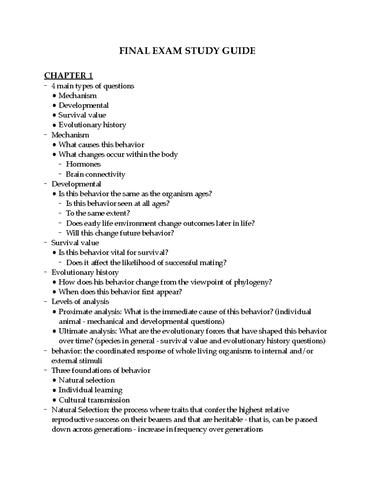 Evolution and behavior final exam study guide - FINAL EXAM STUDY GUIDE ...