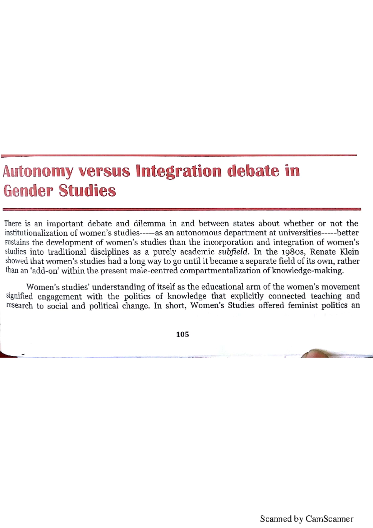 Autonomy vs Integration Debate in Gender Studies - Studocu
