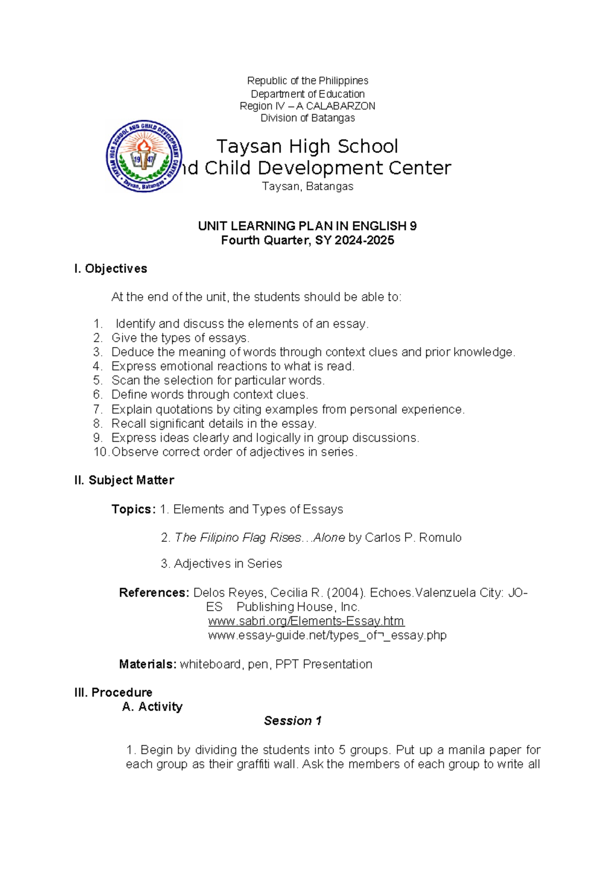 Sample unit learning plan 4As elementary Editable - Republic of the ...