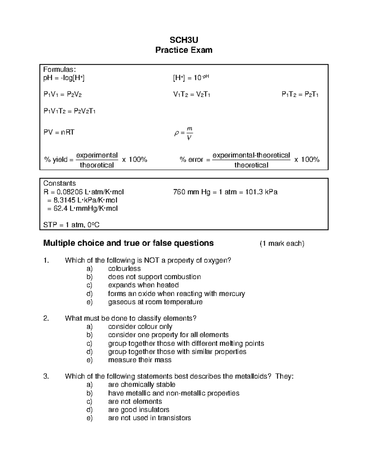 SCH3U Practice Exam Version 1 - SCH3U Practice Exam Formulas: pH ...
