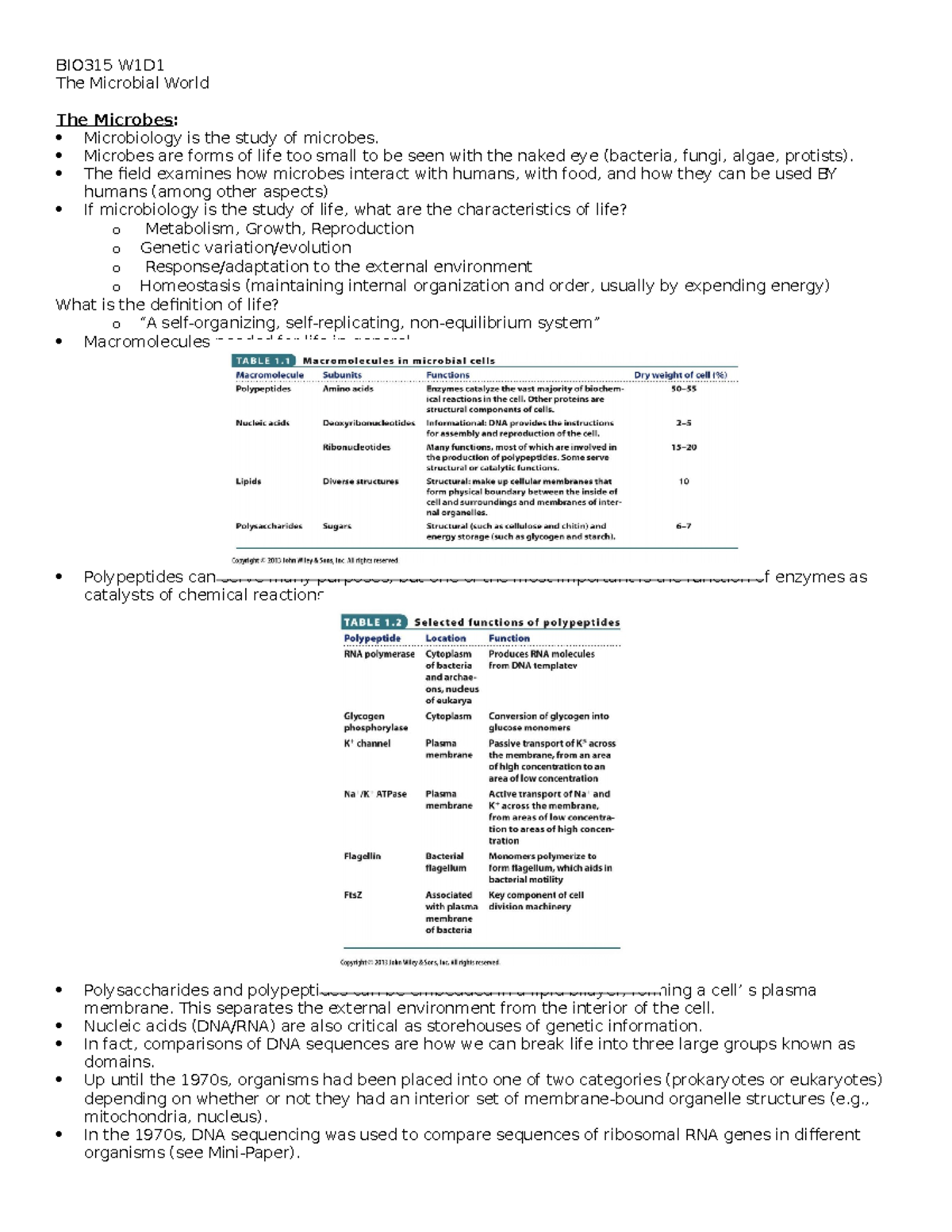 BIO315 W1D1 - Lecture Notes 1 - BIO315 W1D1 The Microbial World The ...