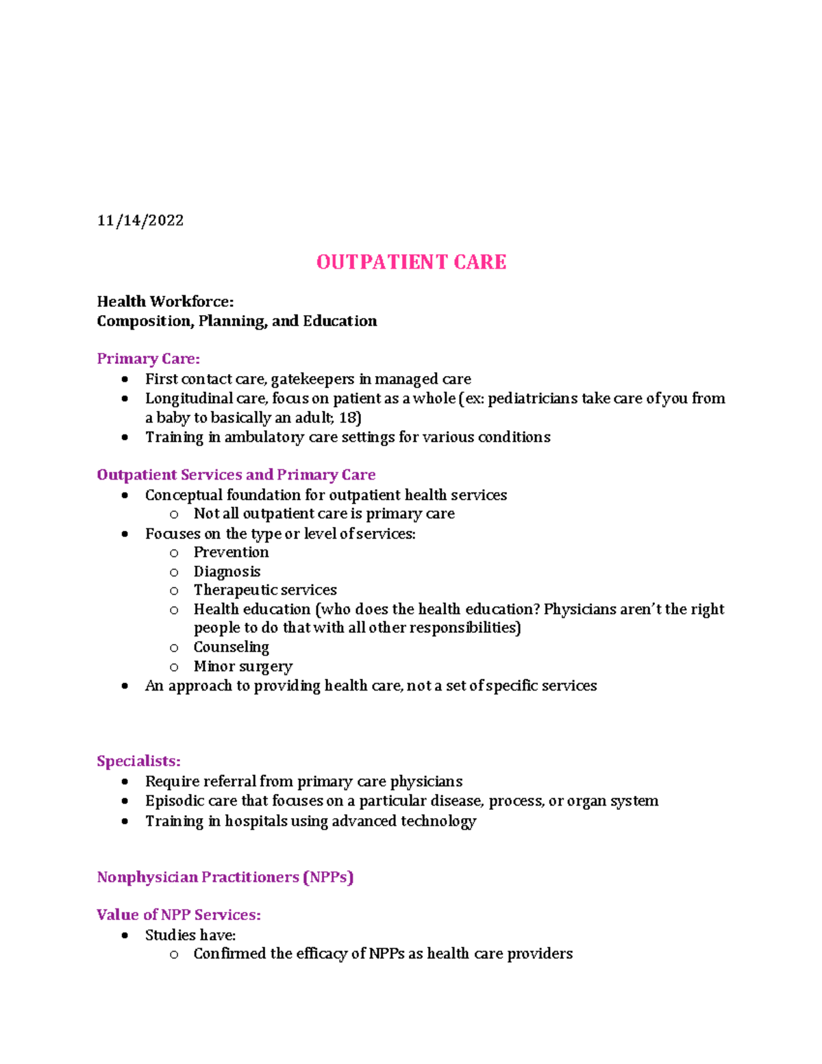 Class Notes (dragged) 18 - 11/14/ OUTPATIENT CARE Health Workforce ...