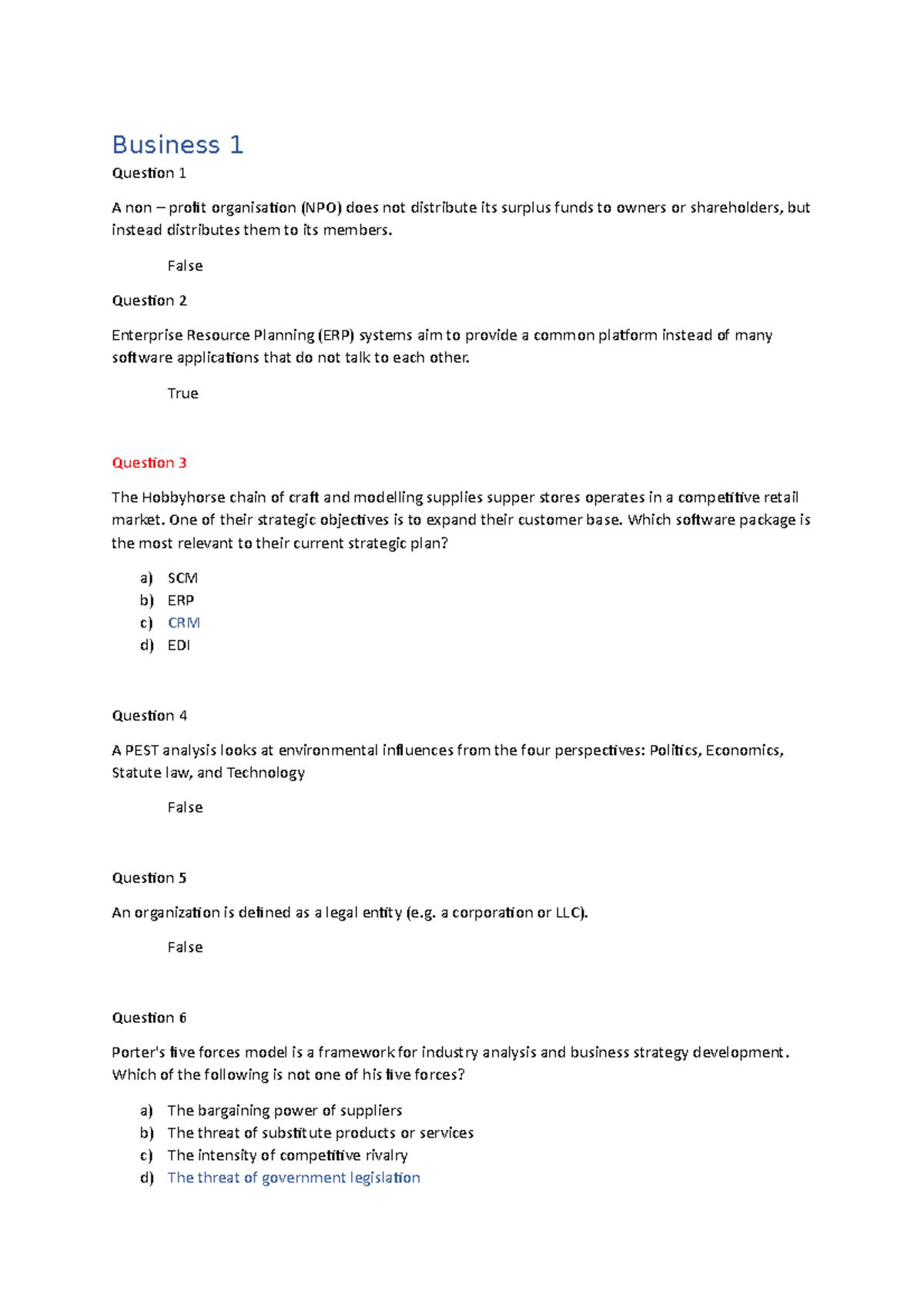 Block 4 - all - wwwwwwwwwwws - Business 1 Question 1 A non – profit ...