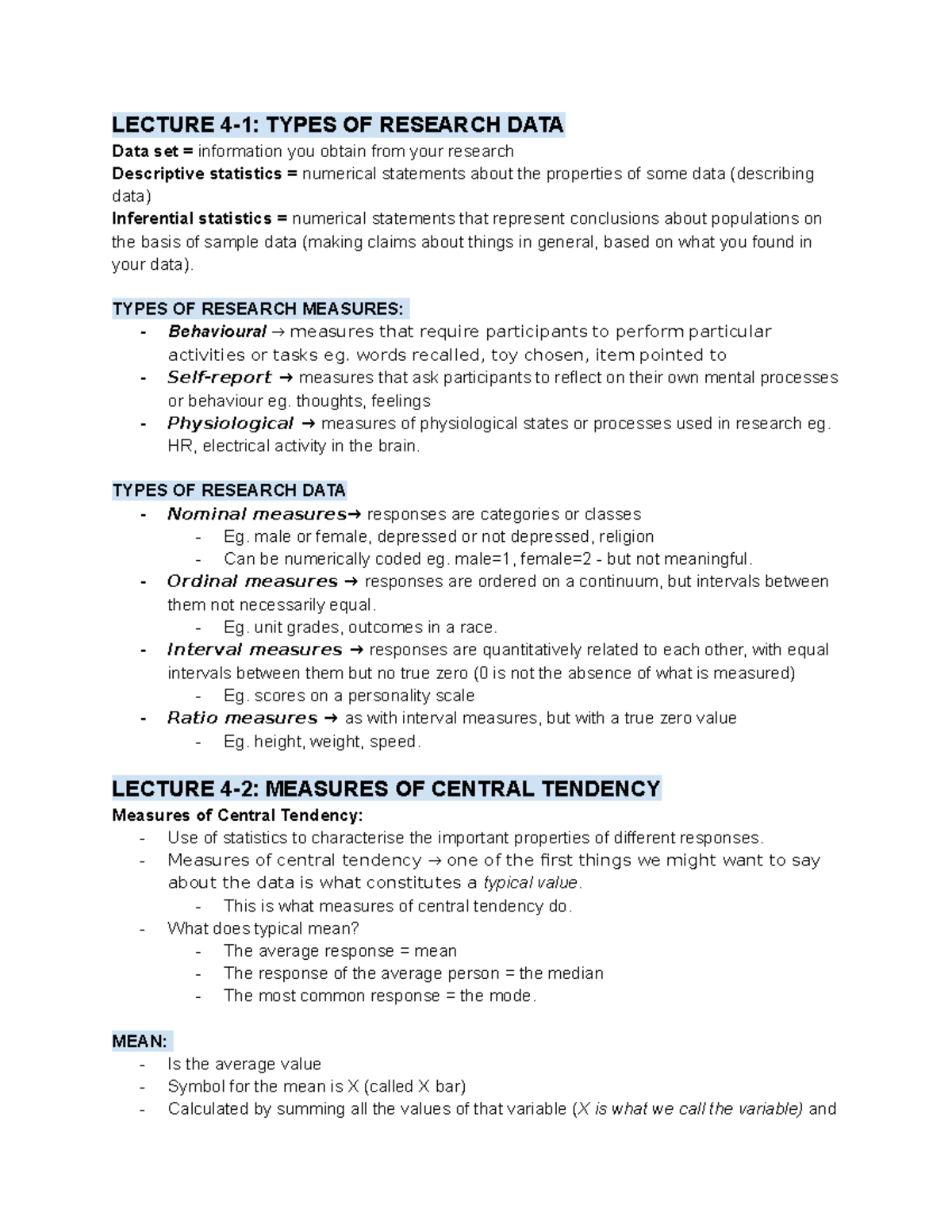 Week 4 - lecture notes - LECTURE 4-1: TYPES OF RESEARCH DATA Data set ...