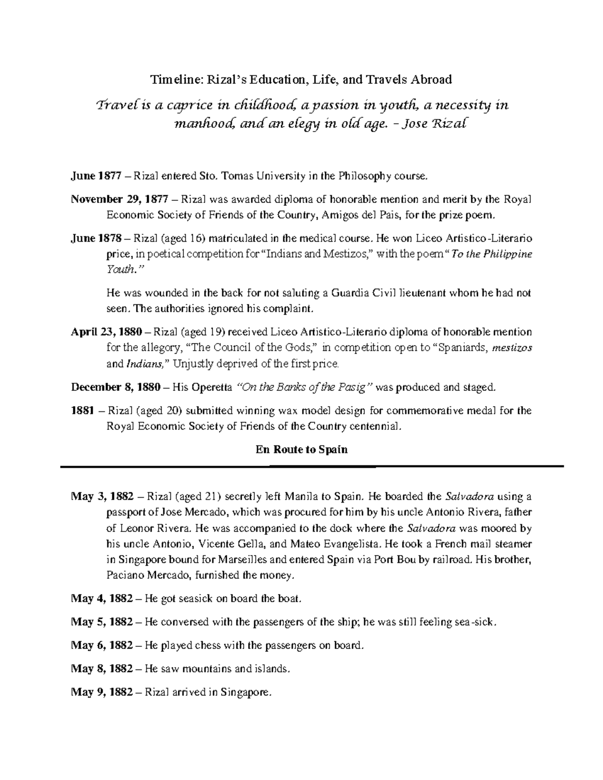 Timeline Rizals Education Life and Travels Abroad - Timeline: Rizal’s ...