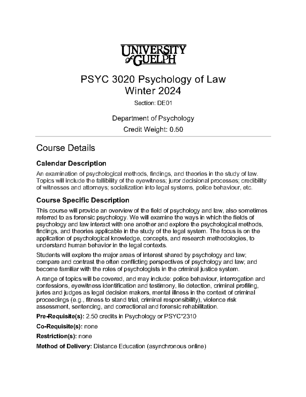 Outline PSYC3020 DE01 W24 - PSYC 3020 Psychology Of Law Winter 2024 ...