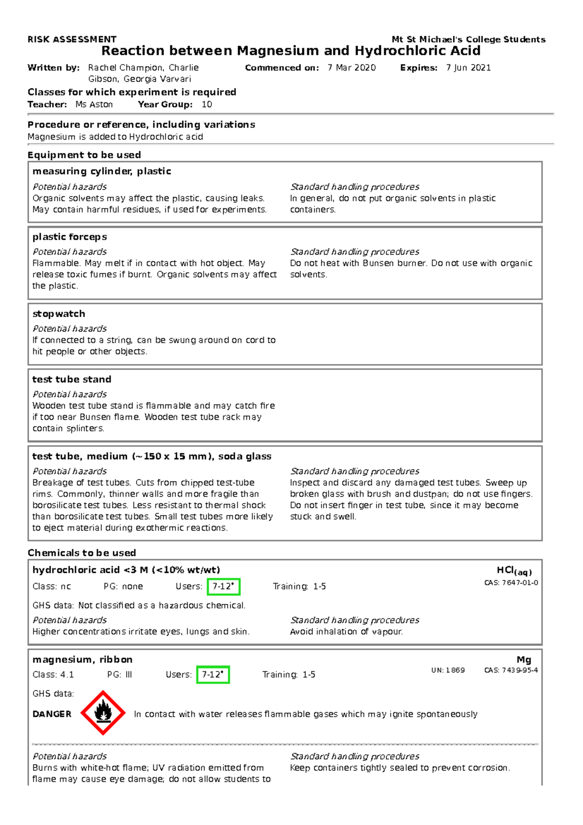 risk assessment of magnesium and hydrochloric acid experiment