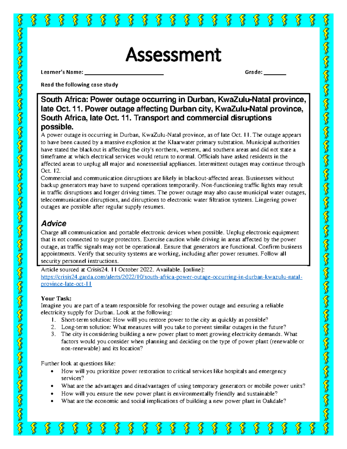 Natural science electricity lesson Assessment Assessment Learner’s