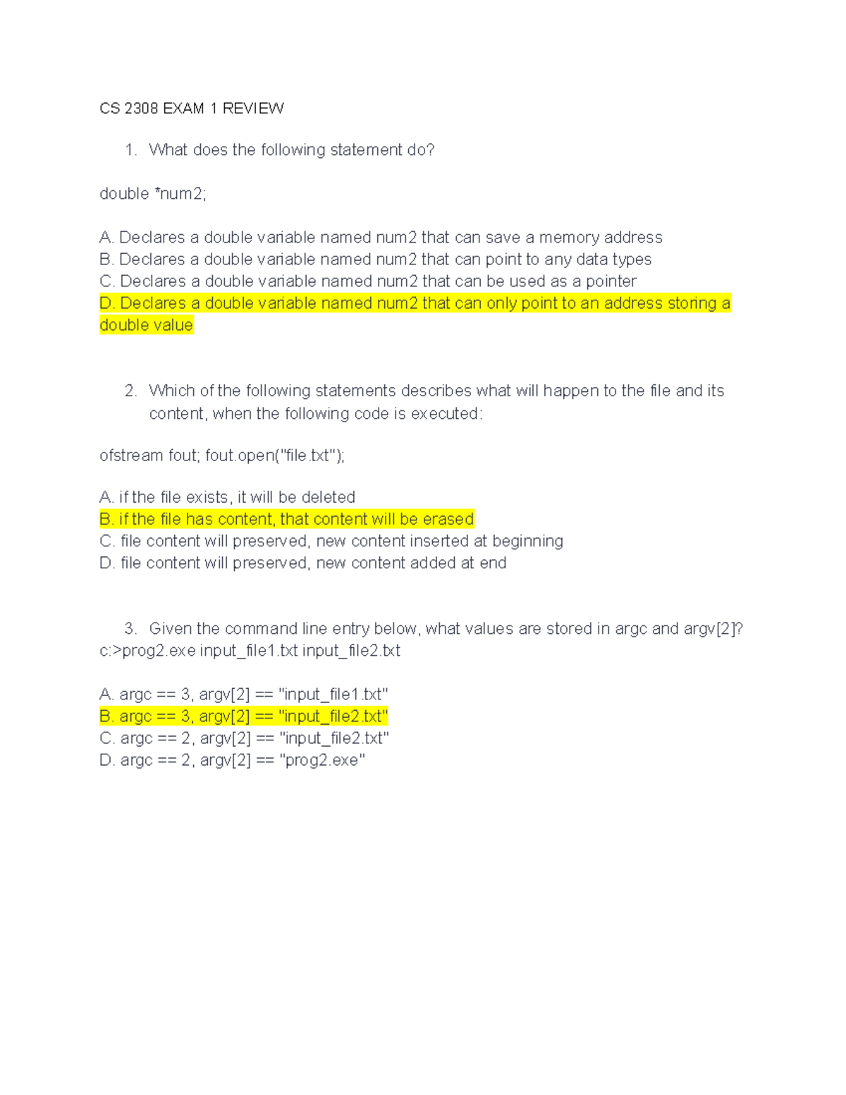 CS 2308 EXAM 1 Review - CS 2308 EXAM 1 REVIEW What does the following ...