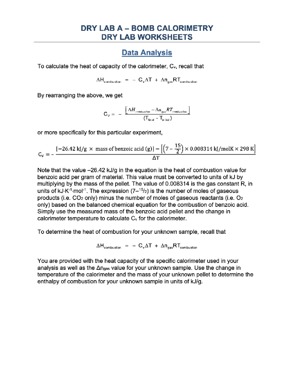 Bomb Calorimetry Worksheets CHEM 1050 (LAB) W23 General Chemistry II CHEM 1050 Studocu