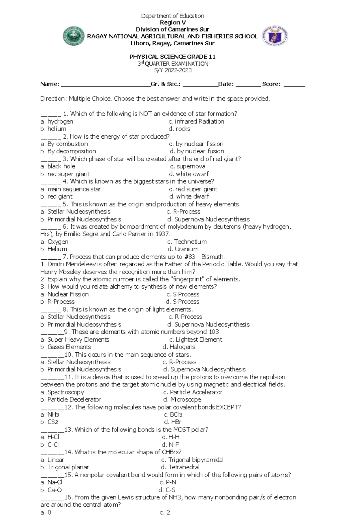 Physical Science 3rd Quarterly Assesment SY 2022-2023 - Department of ...