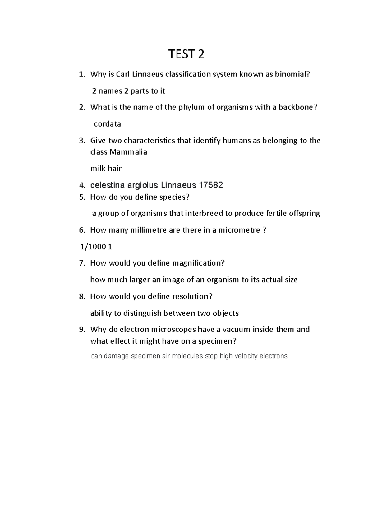 Mock Test 2 - questions - TEST 2 Why is Carl Linnaeus classification ...