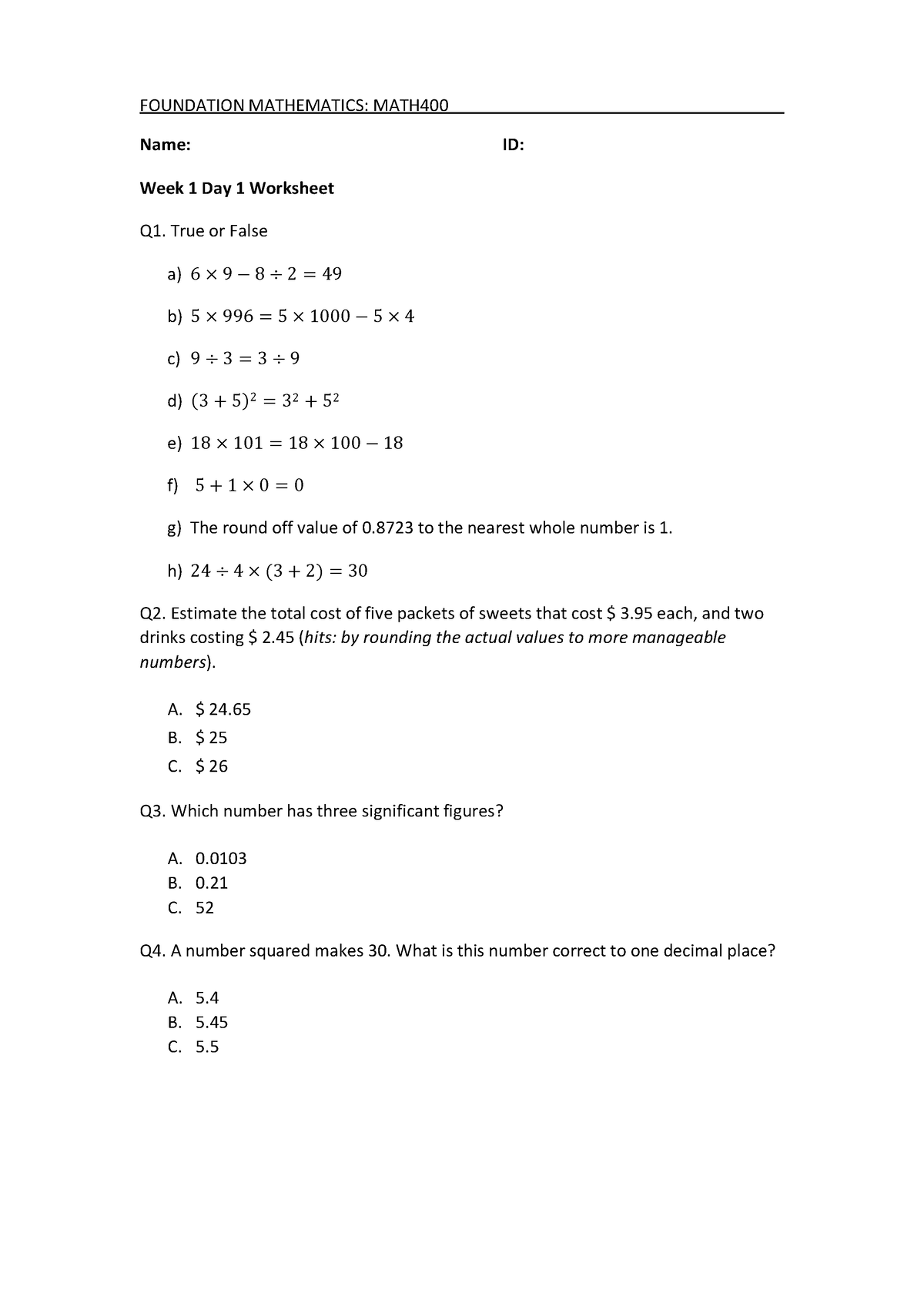 Week+1+Day+1+Worksheet - Foundation maths - AUT - Studocu