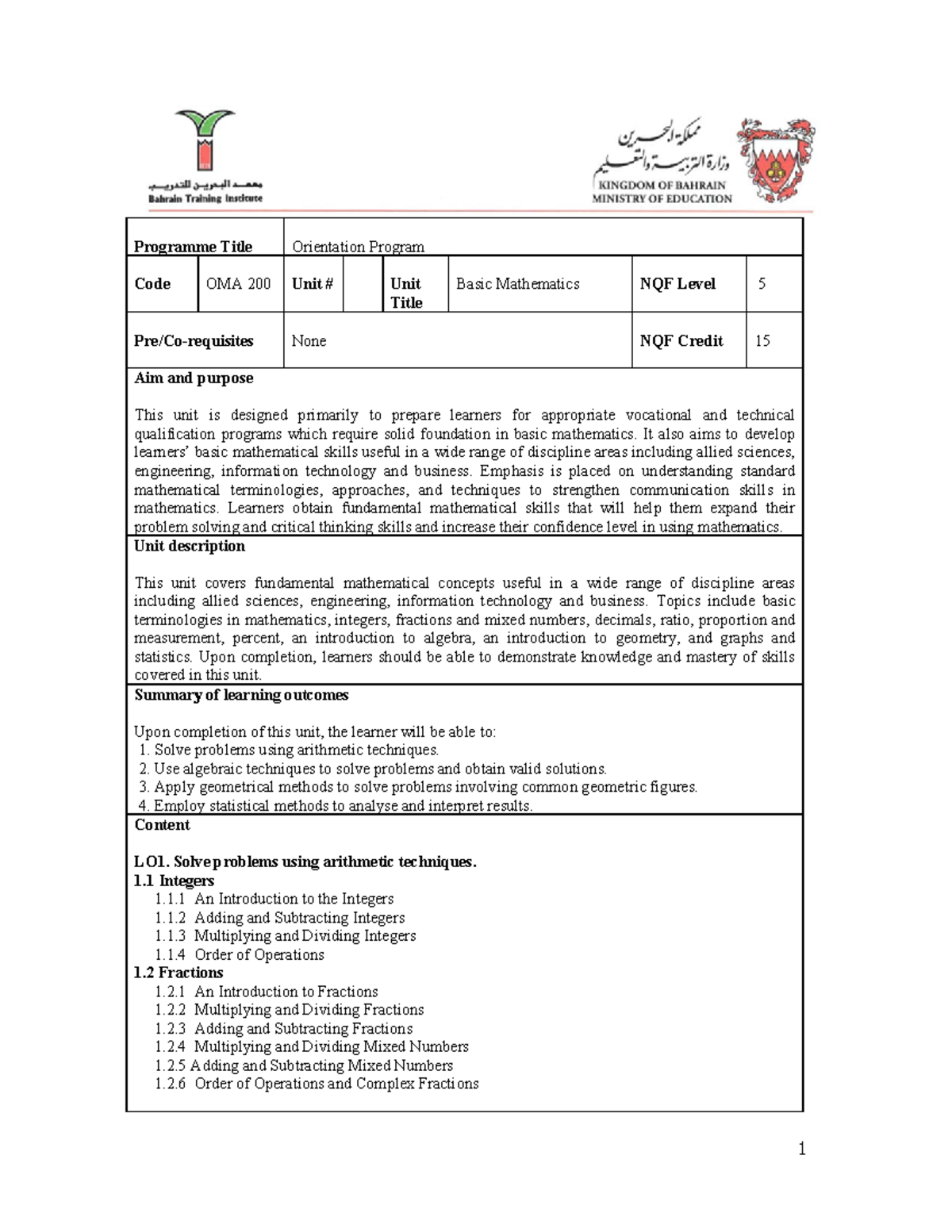 Basic Mathematics Unit Descriptor-Version 3 - Programm Code Pre/Co-re ...