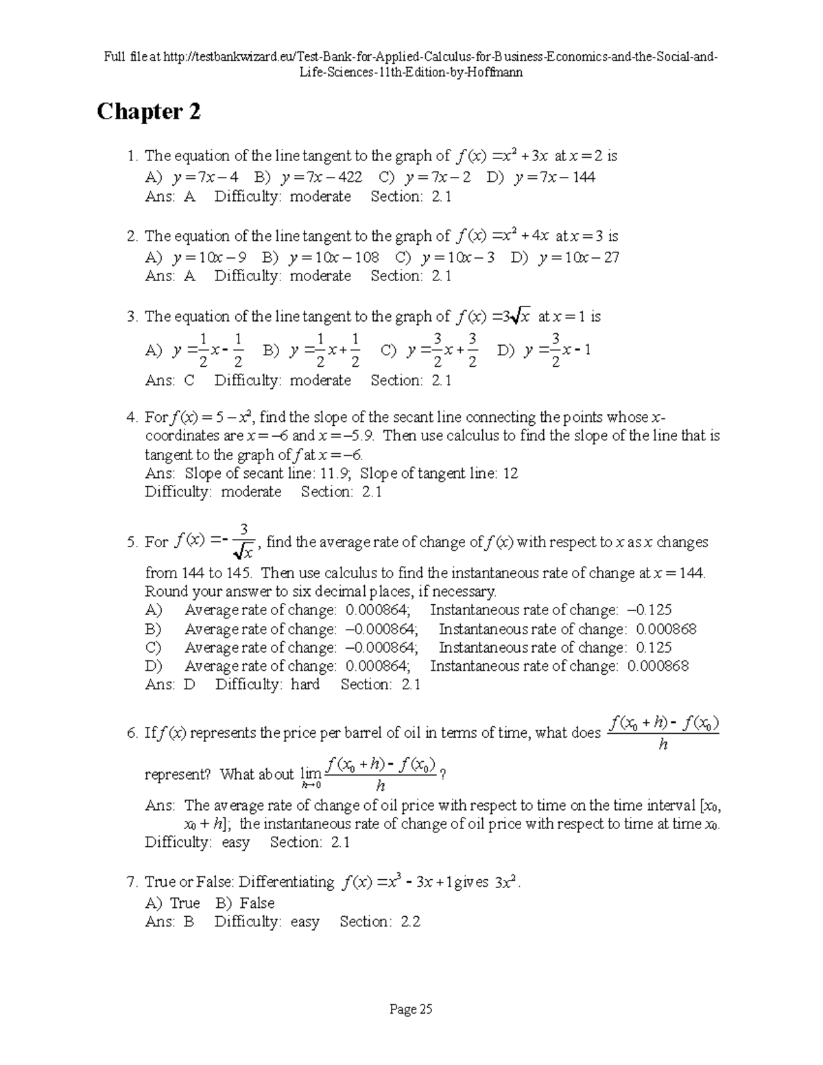 Test Bank For Applied Calculus For Business Economics And The Social And Life Studocu