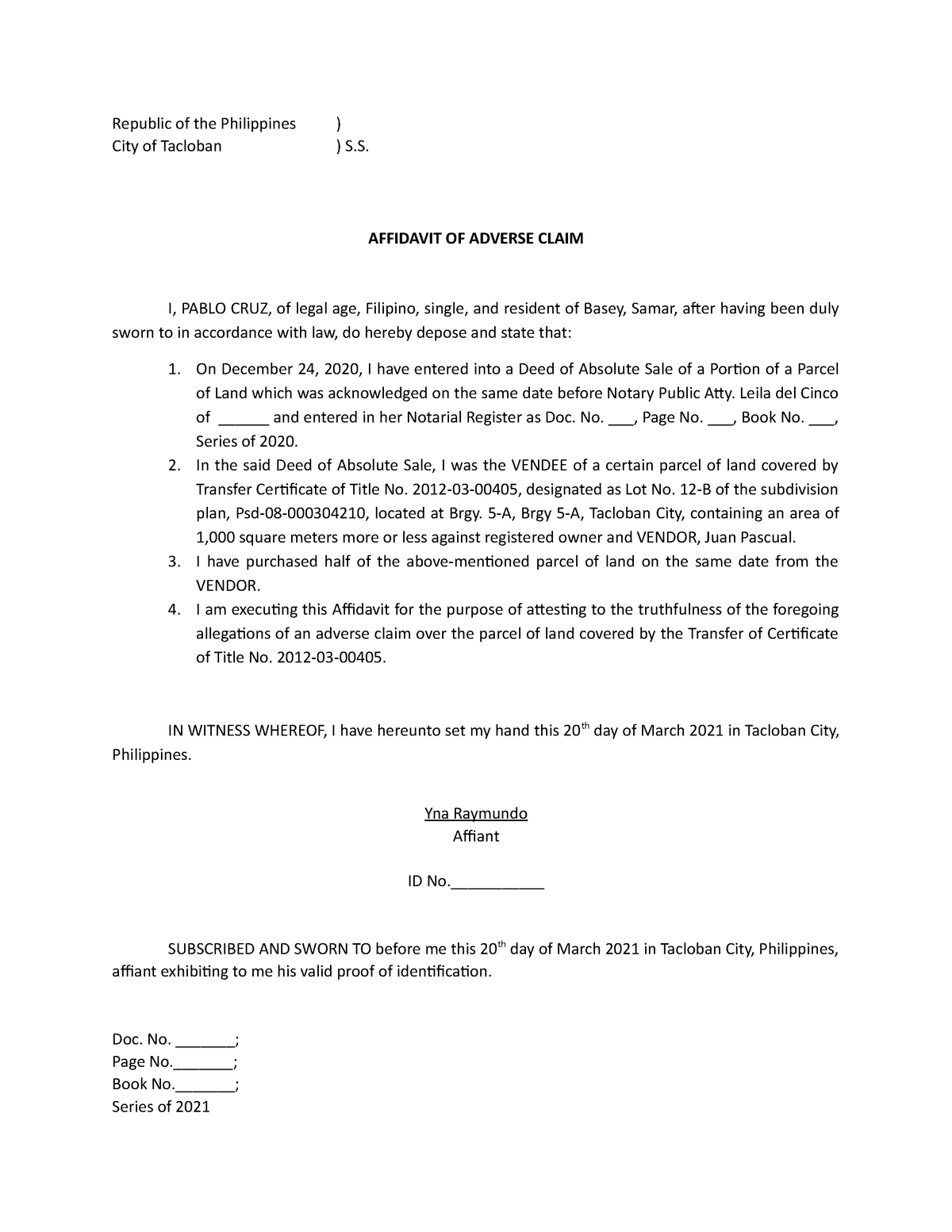 Affidavit Of Adverse Claim Sample Republic Of The Philippines City Of Tacloban S 5612
