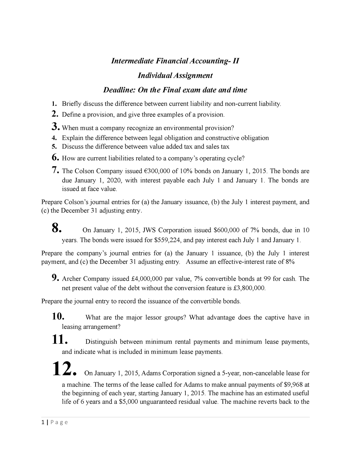 intermediate financial accounting assignment