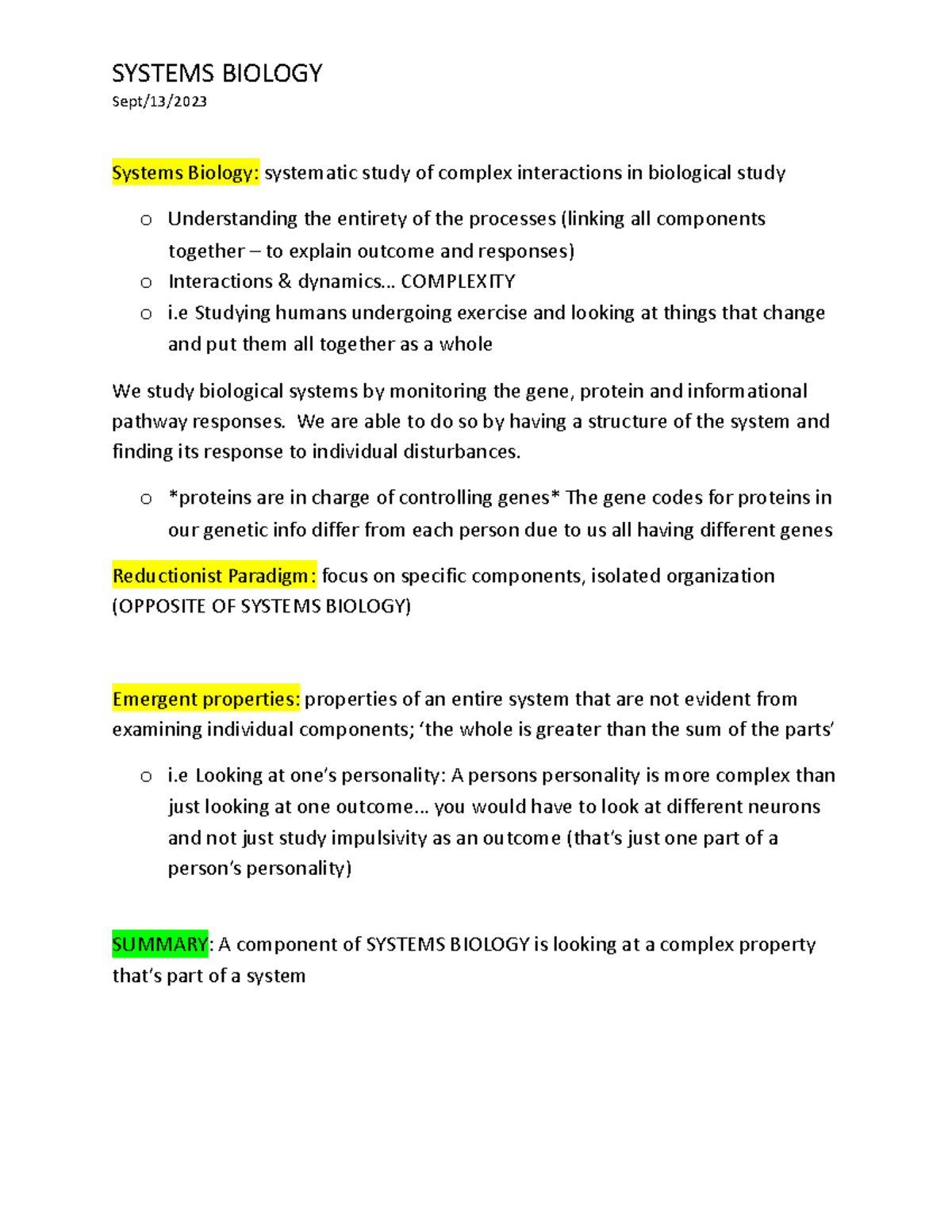 BIOL1080 LEC1 NOTE - SYSTEMS BIOLOGY Sept/13/ Systems Biology ...