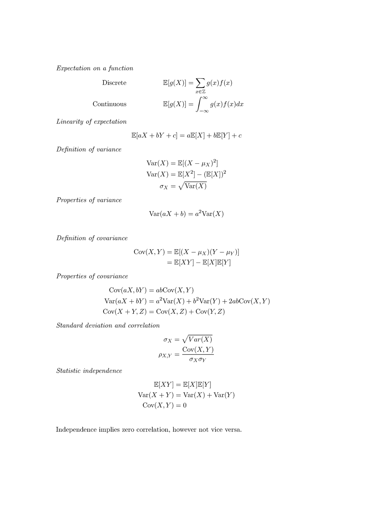 Expectation Formulae summary sheet - Expectation on a function Discrete ...