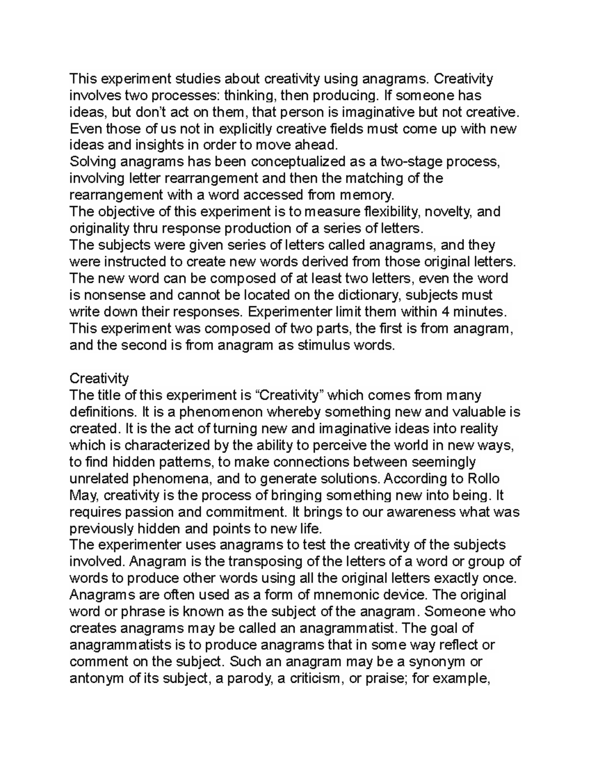 Pap - research projects - This experiment studies about creativity ...