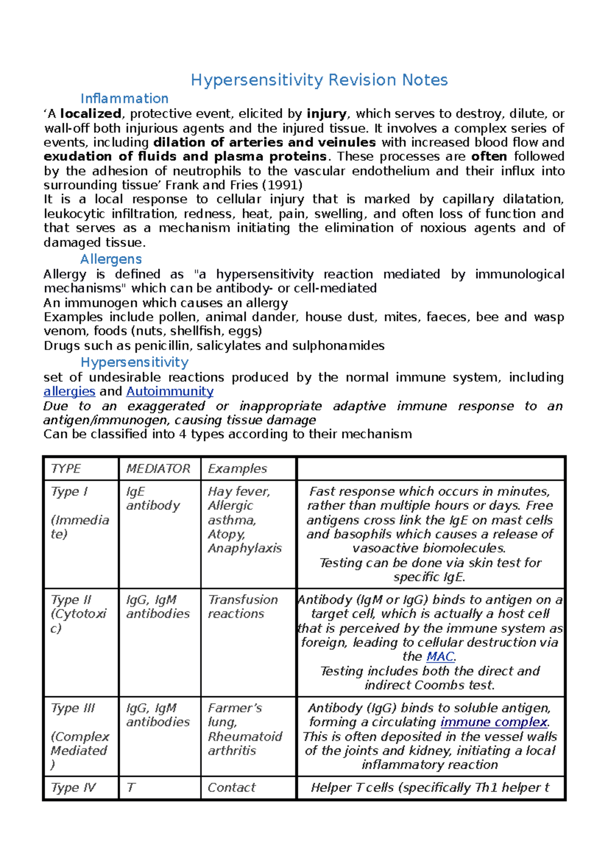 Hypersensitivity Revision Notes - It involves a complex series of ...