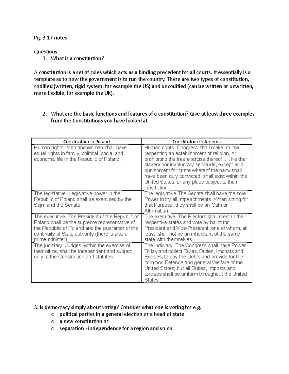 Public law week 3 - Pg. 3-17 notes Questions: 1. What is a constitution ...