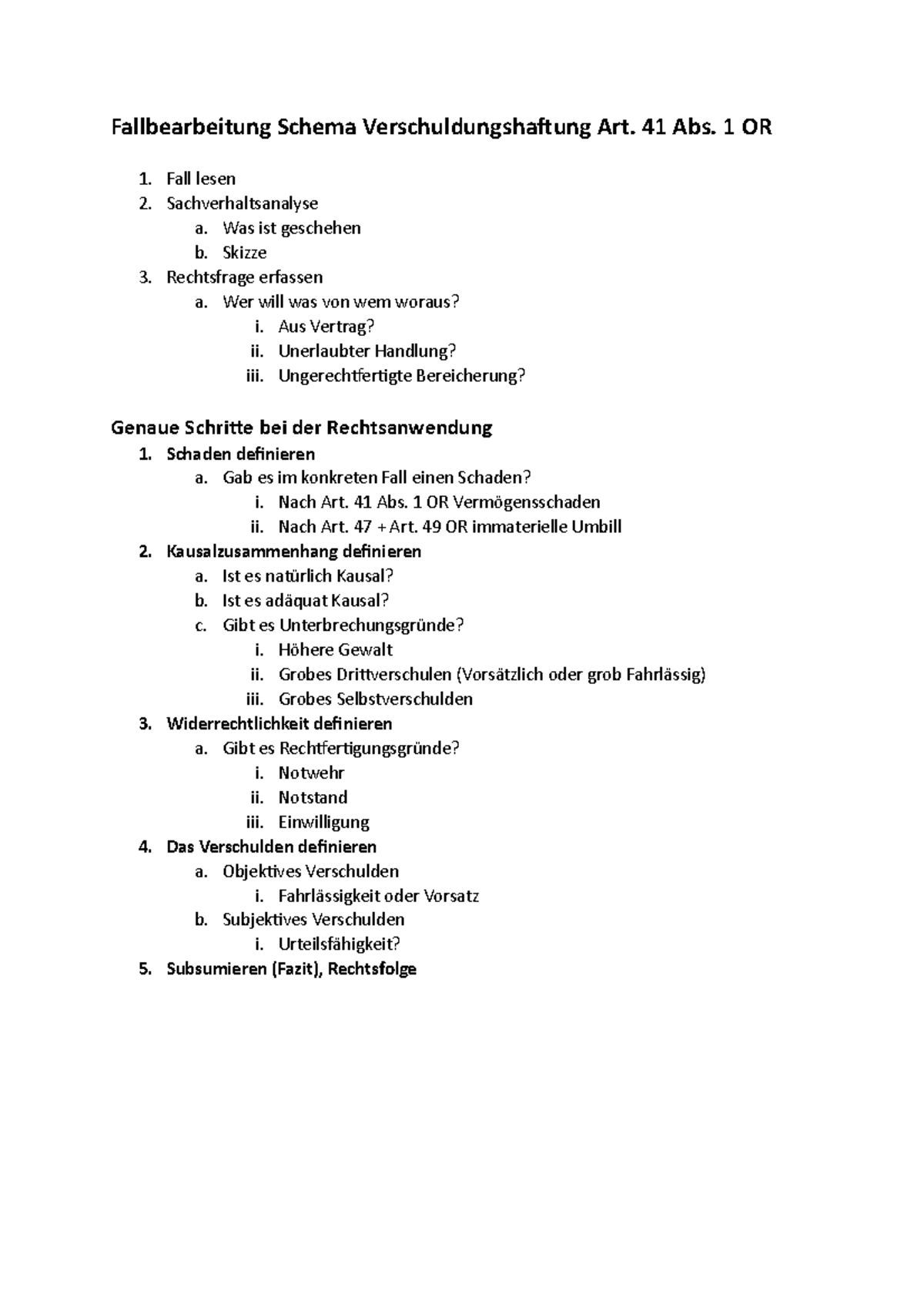 Fallbearbeitung Schema Verschuldungshaftung - 41 Abs. 1 OR 1. Fall ...