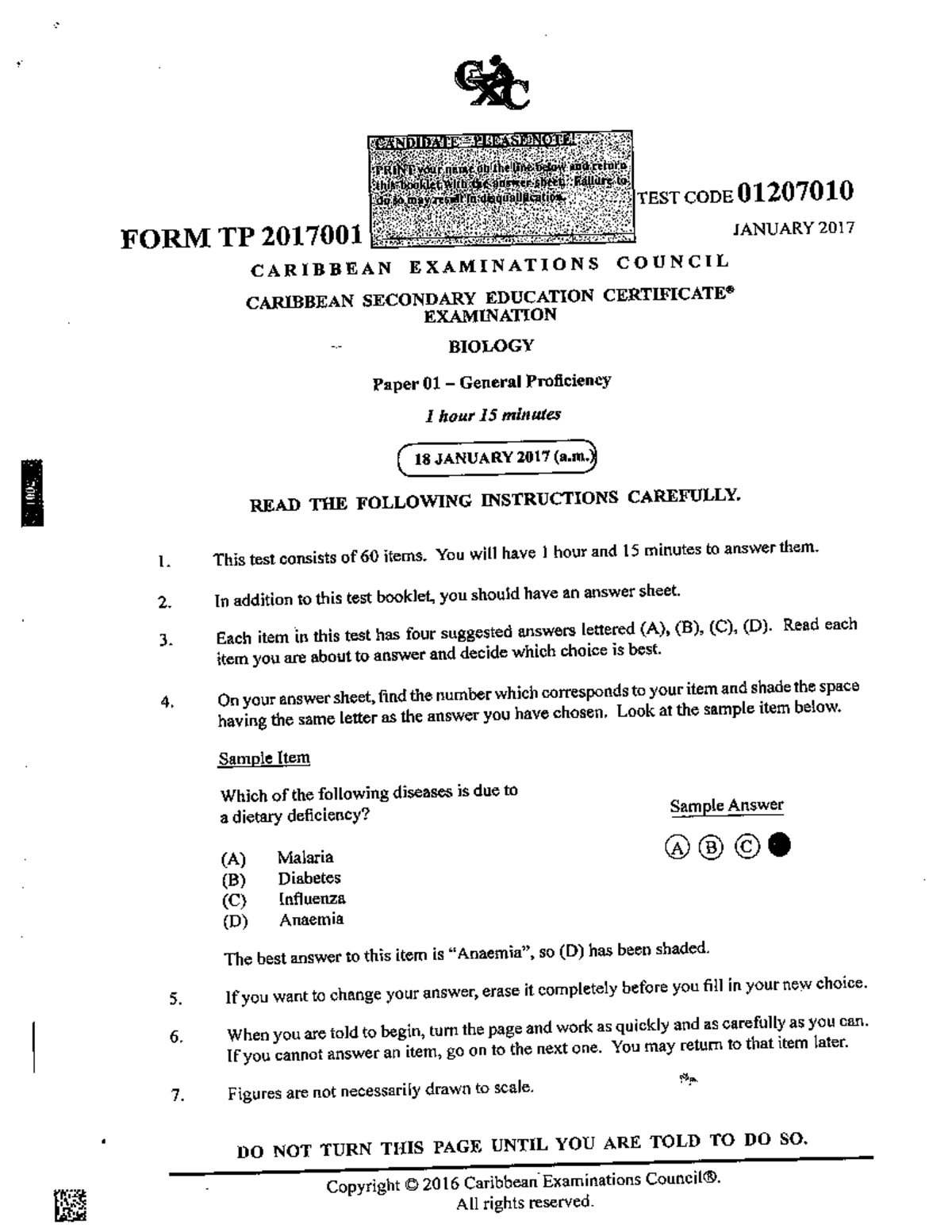 Sample/practice exam 1 2017, questions - / rEsr coDE 01207010 JANUARY ...