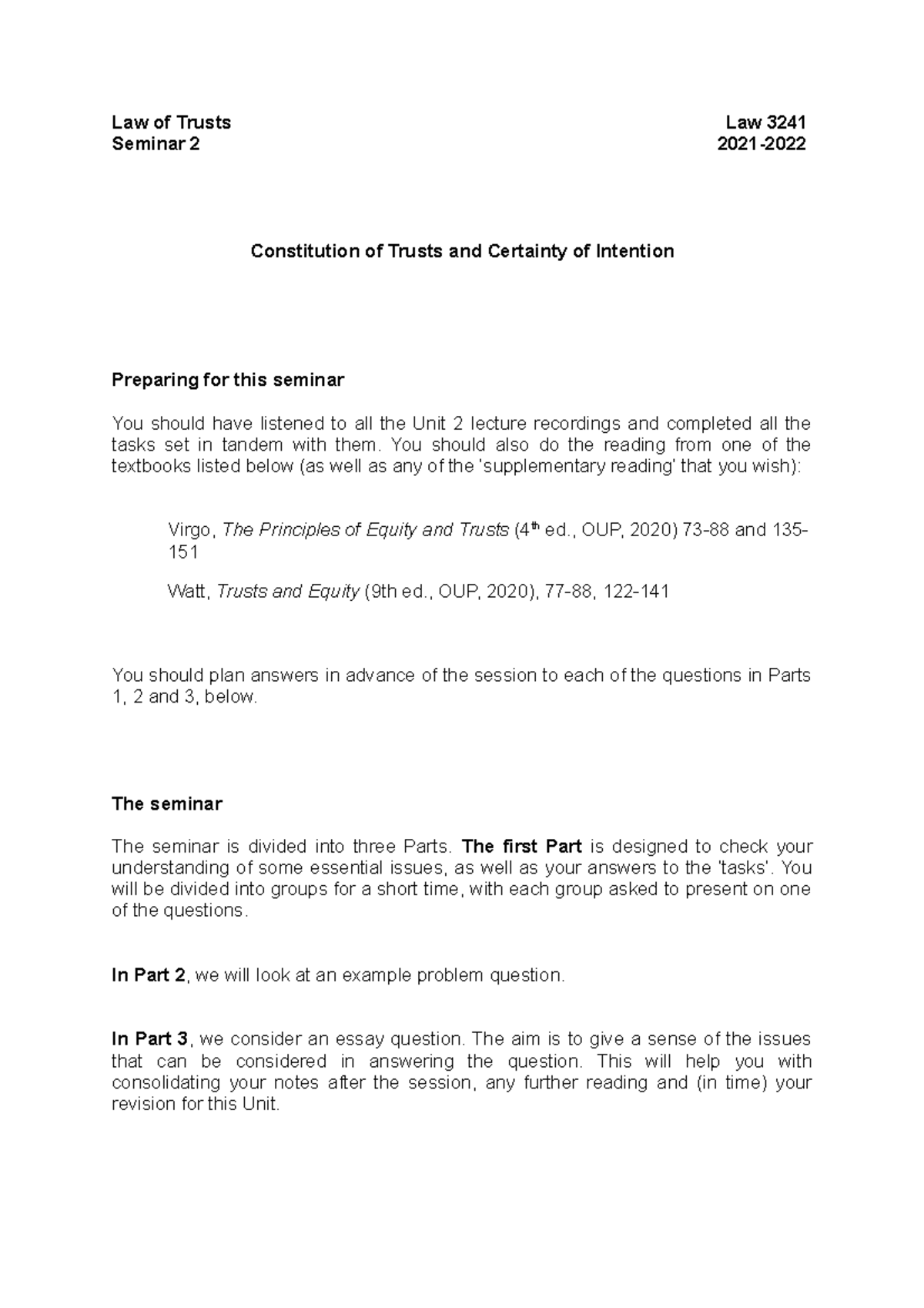 Trusts 2 - Seminar (2021) - Law of Trusts Law 3241 Seminar 2 2021 ...