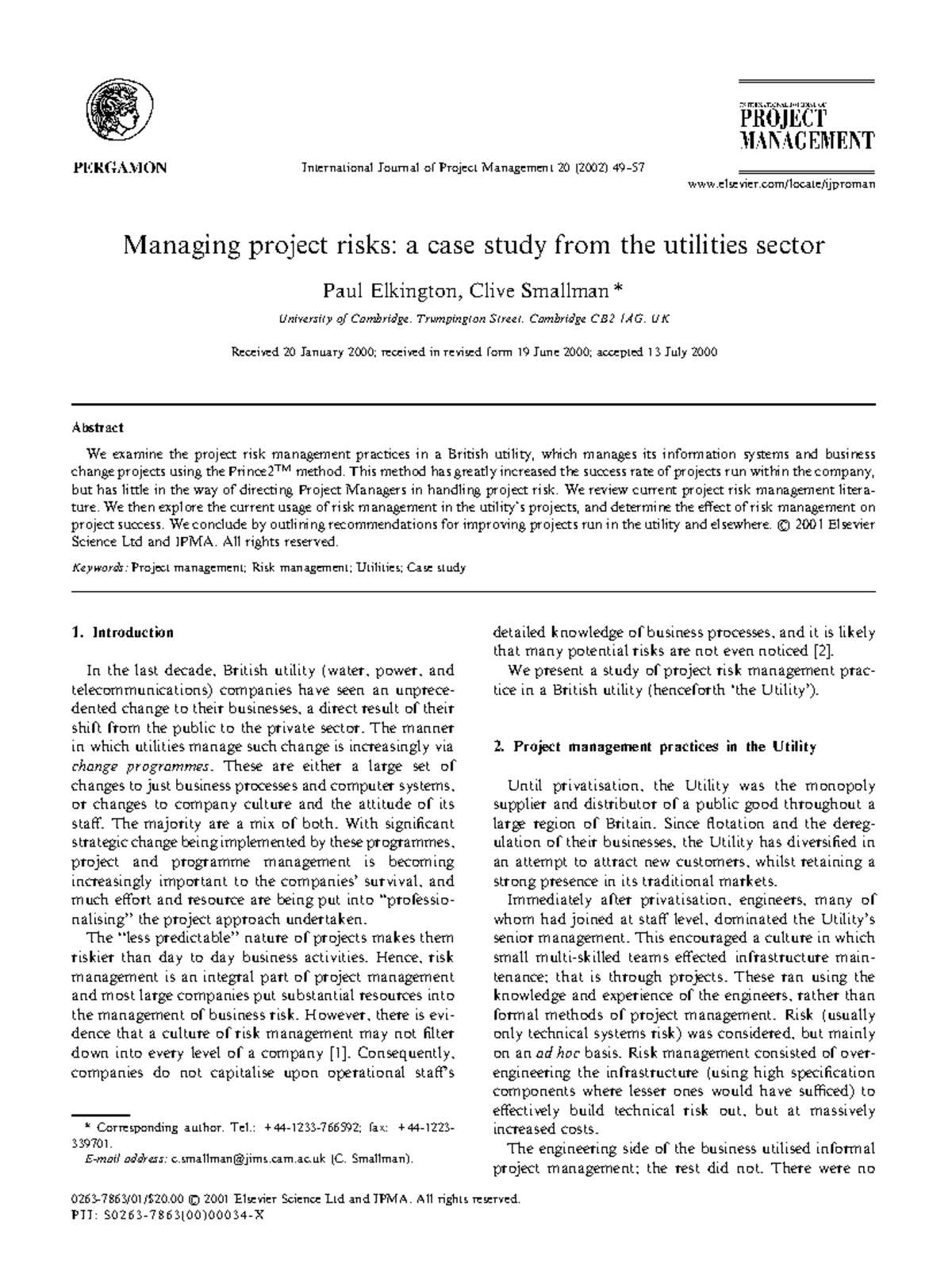 1-s2 - Lecture notes - Managing project risks: a case study from the ...