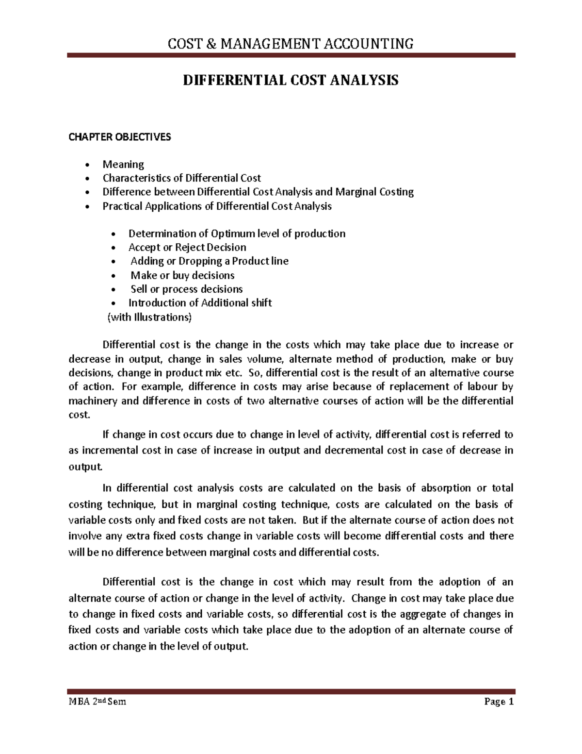 differentialcostanalysis DIFFERENTIAL COST ANALYSIS CHAPTER OBJECTIVES Meaning Studocu