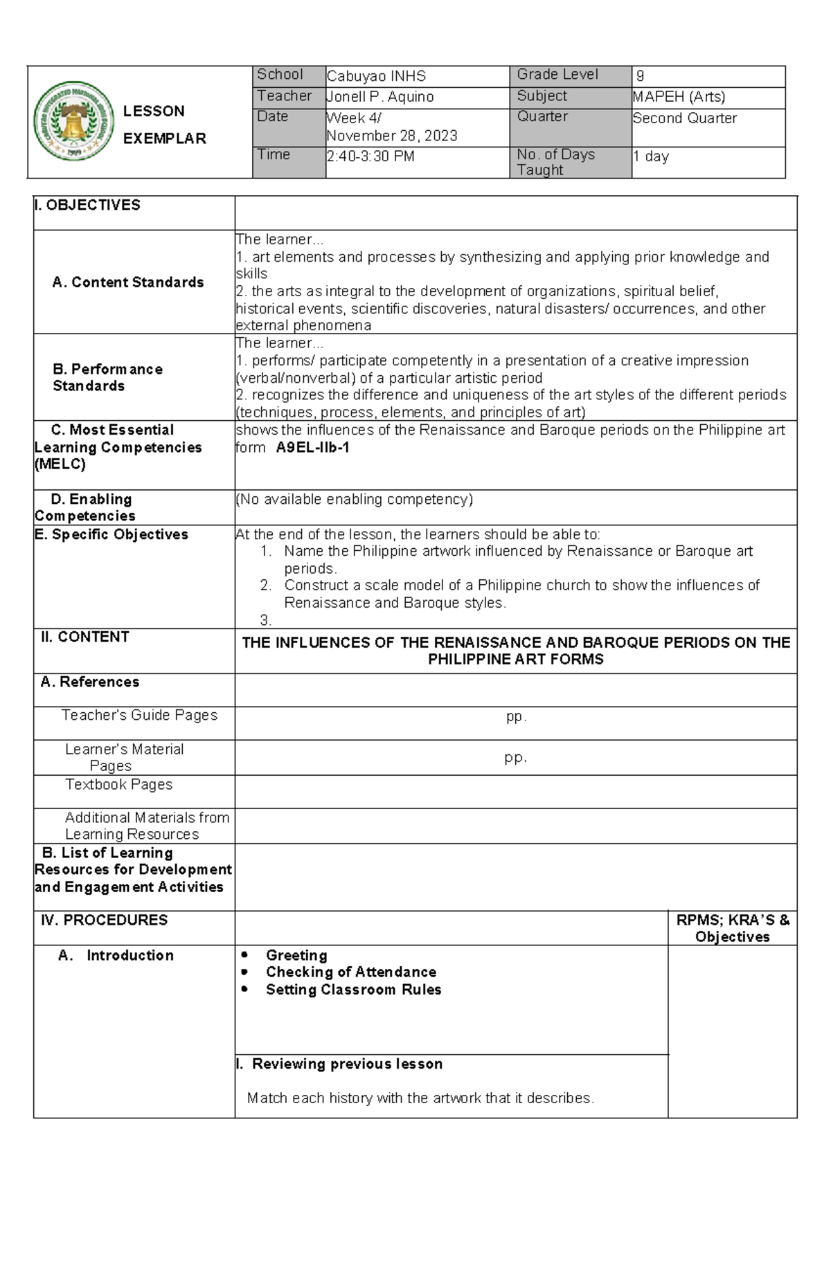 CO2 Aquino Arts 9 Q2 Lesson 4 - LESSON EXEMPLAR School Cabuyao INHS ...