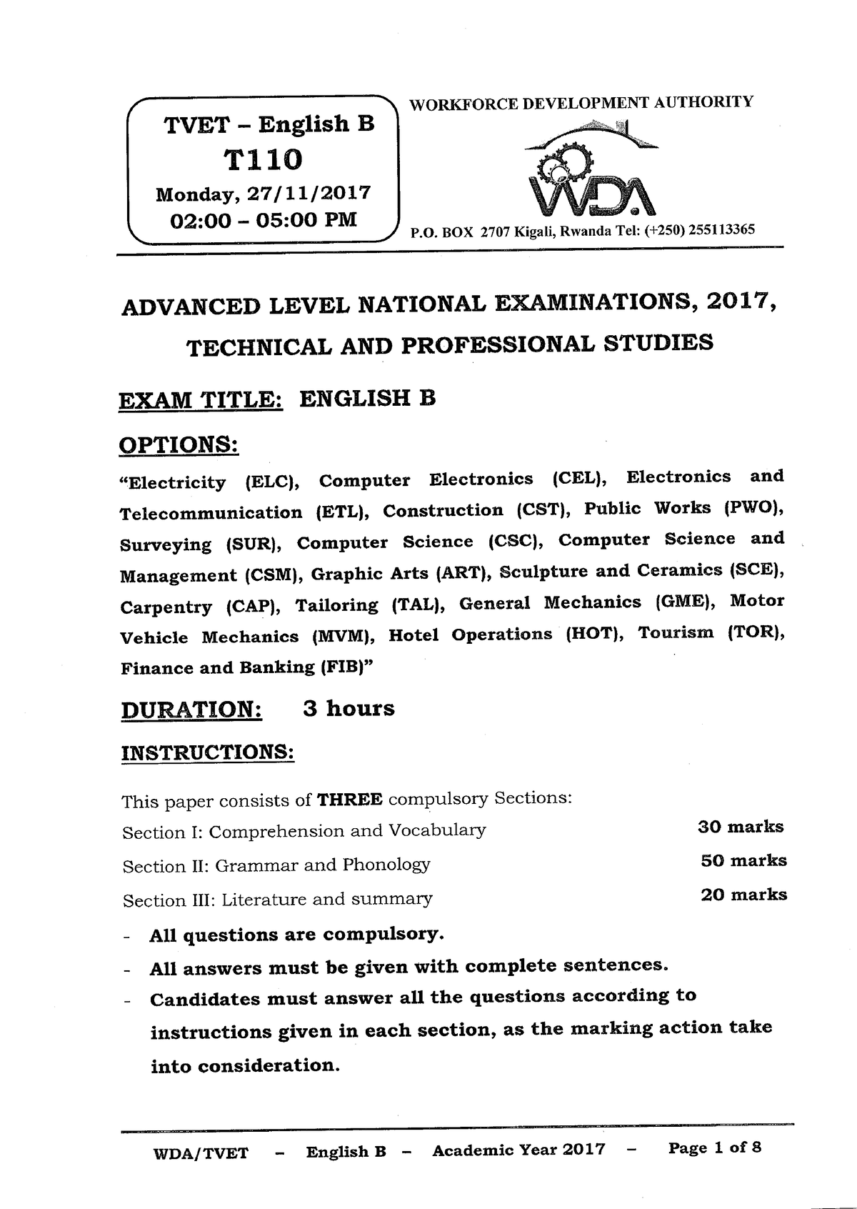 L5 Sod 2017 English B TVET National Exam - L5 Sod National Exam - Studocu