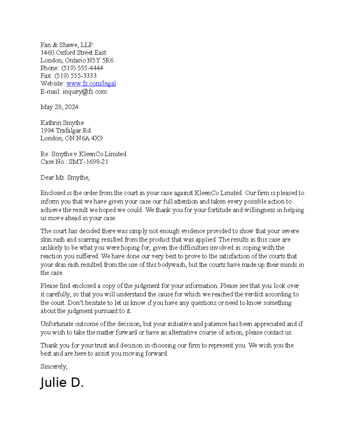 Indirect Letter Assignment - Julie Duong - Fan & Shawe, LLP 1460 Oxford ...